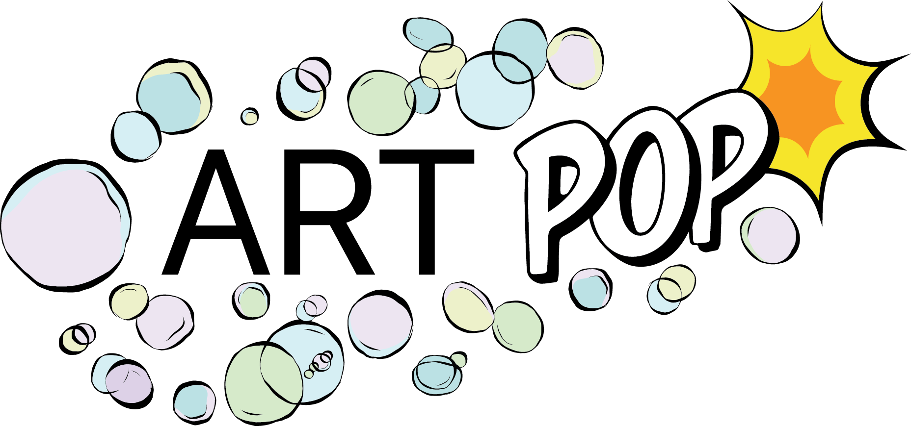 Art pop logo surrounded by illustrated bubbles