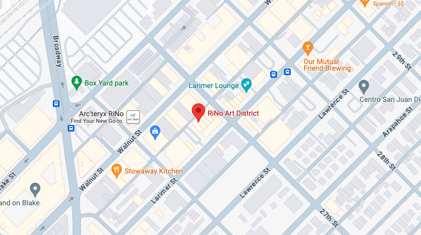 Clickable Google maps image of First Friday Art Walks - RiNo Art District location.